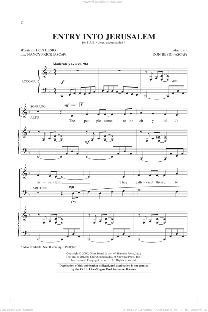 Entry Into Jerusalem sheet music for choir (SAB: soprano, alto, bass) by Don Besig and Nancy Price, intermediate skill level