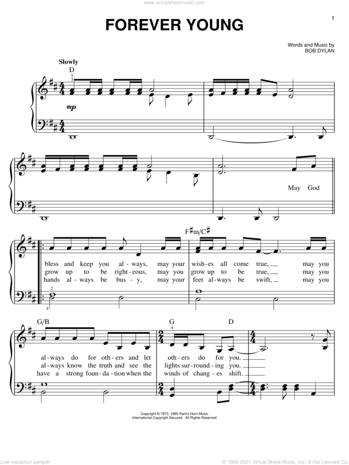 Forever Young, (easy) sheet music for piano solo by Bob Dylan, easy skill level