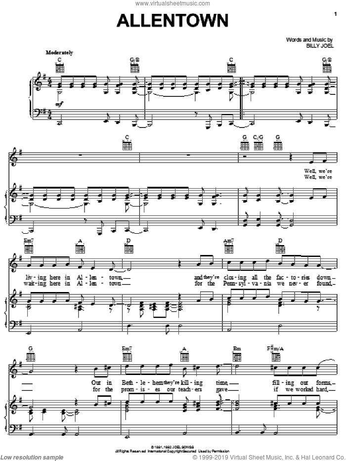 Allentown sheet music for voice, piano or guitar by Billy Joel, intermediate skill level
