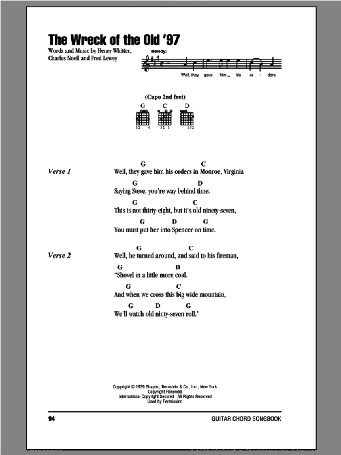 The Wreck Of The Old '97 sheet music for guitar (chords) by Fred Lewey, Charles Noell and Henry Whitter, intermediate skill level