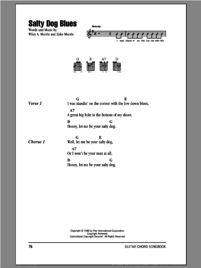 Salty Dog Blues sheet music for guitar (chords) by Zeke Morris and Wiley A. Morris, intermediate skill level