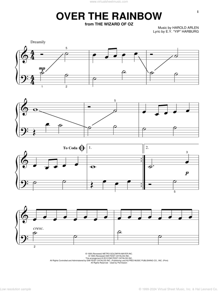Over The Rainbow sheet music for piano solo by Harold Arlen and E.Y. Harburg, beginner skill level