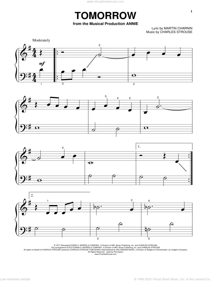 Tomorrow sheet music for piano solo by Martin Charnin and Charles Strouse, beginner skill level