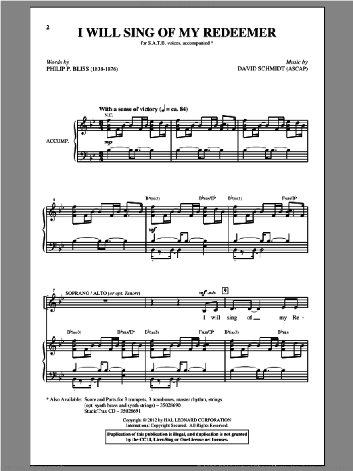 I Will Sing Of My Redeemer sheet music for choir (SATB: soprano, alto, tenor, bass) by David Schmidt, Francis H. Rowley and Philip P. Bliss, intermediate skill level