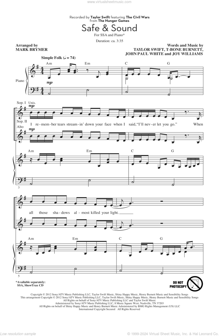 Safe and Sound (feat. The Civil Wars) (from The Hunger Games) (arr. Mark Brymer) sheet music for choir (SSA: soprano, alto) by Taylor Swift, William Joseph, The Civil Wars, John Paul White, Joy Williams, Mark Brymer and T-Bone Burnett, intermediate skill level