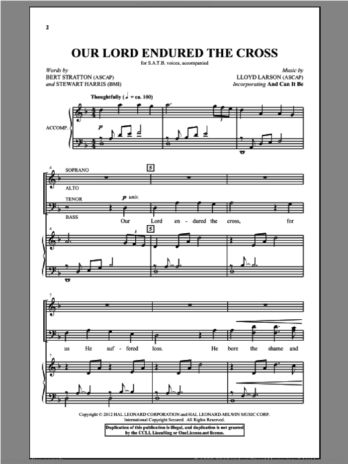 Our Lord Endured The Cross sheet music for choir (SATB: soprano, alto, tenor, bass) by Lloyd Larson, Bert Stratton and Stewart Harris, intermediate skill level