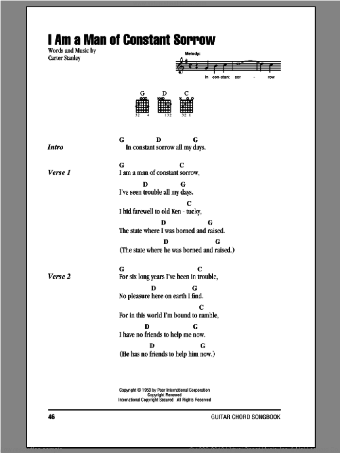 I Am A Man Of Constant Sorrow sheet music for guitar (chords) by Charm City Devils, Carter Stanley and The Soggy Bottom Boys, intermediate skill level