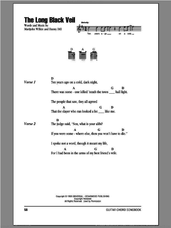 The Long Black Veil sheet music for guitar (chords) by Lefty Frizzell, Danny Dill and Marijohn Wilkin, intermediate skill level