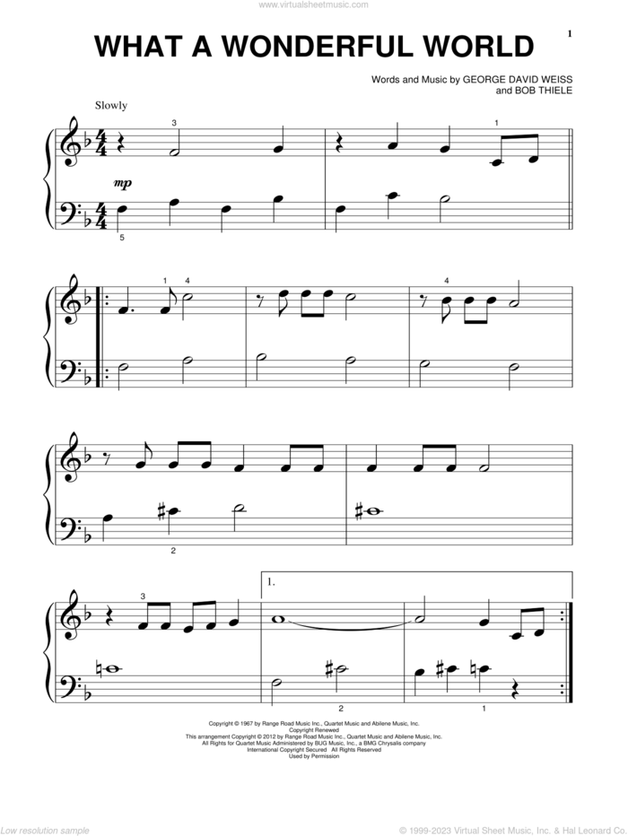 What A Wonderful World sheet music for piano solo by Louis Armstrong, Bob Thiele and George David Weiss, beginner skill level