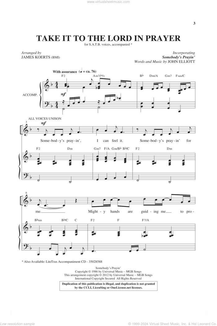 Take It To The Lord In Prayer (with Somebody's Prayin') sheet music for choir (SATB: soprano, alto, tenor, bass) by James Koerts and John G. Elliot, intermediate skill level