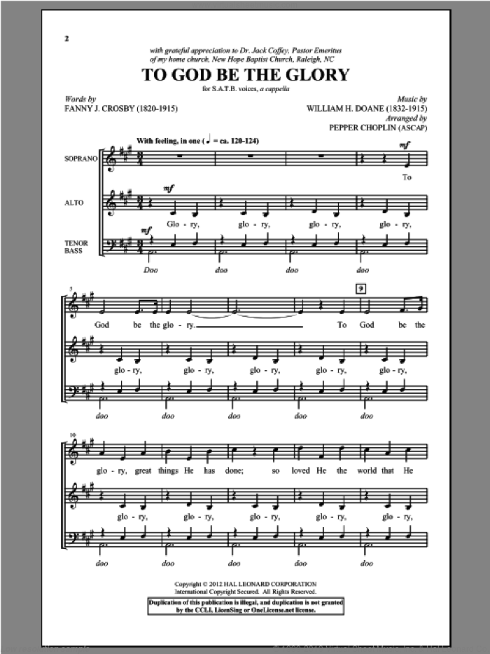 To God Be The Glory sheet music for choir (SATB: soprano, alto, tenor, bass) by Robert Lowry, Fanny Crosby and Pepper Choplin, intermediate skill level