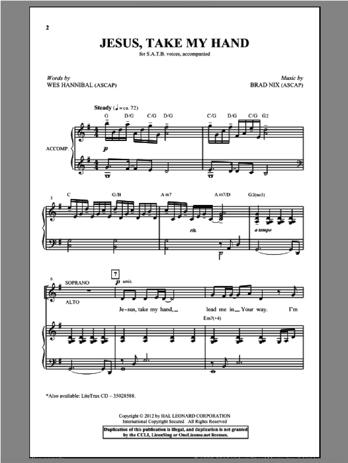Jesus, Take My Hand sheet music for choir (SATB: soprano, alto, tenor, bass) by Brad Nix and Wes Hannibal, intermediate skill level