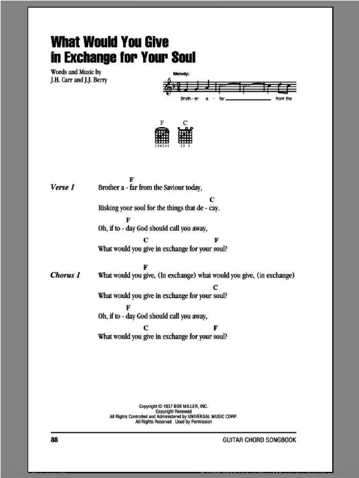 What Would You Give In Exchange For Your Soul sheet music for guitar (chords) by Johnny Cash, J.H. Carr and J.J. Berry, intermediate skill level