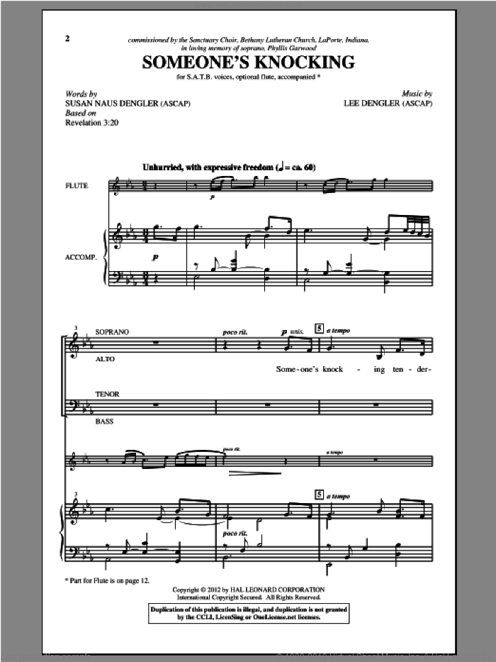 Someone's Knocking sheet music for choir (SATB: soprano, alto, tenor, bass) by Lee Dengler and Susan Naus Dengler, intermediate skill level