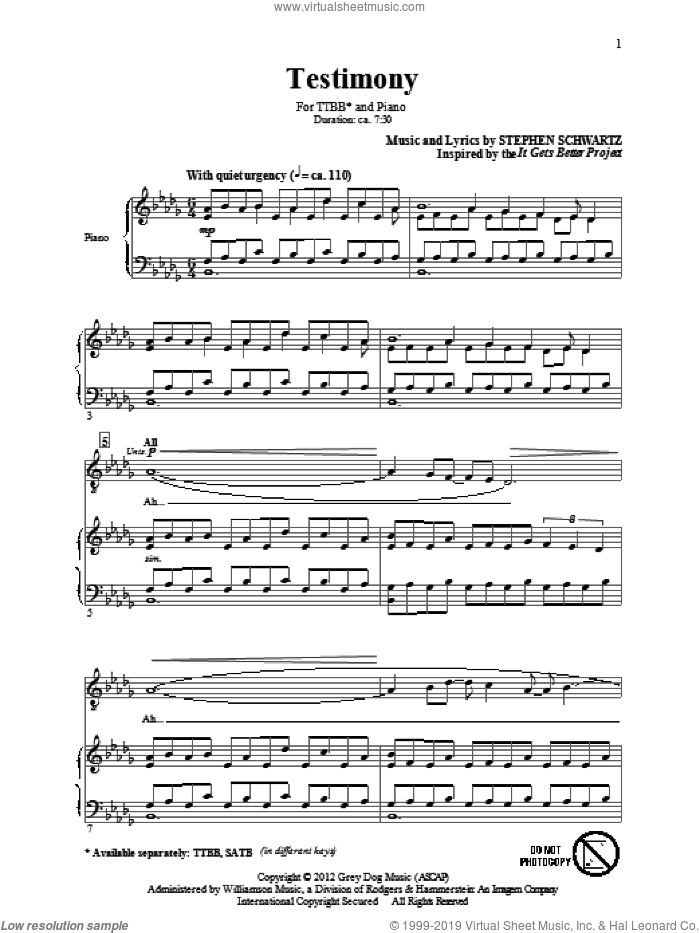Testimony sheet music for choir (TTBB: tenor, bass) by Stephen Schwartz, intermediate skill level
