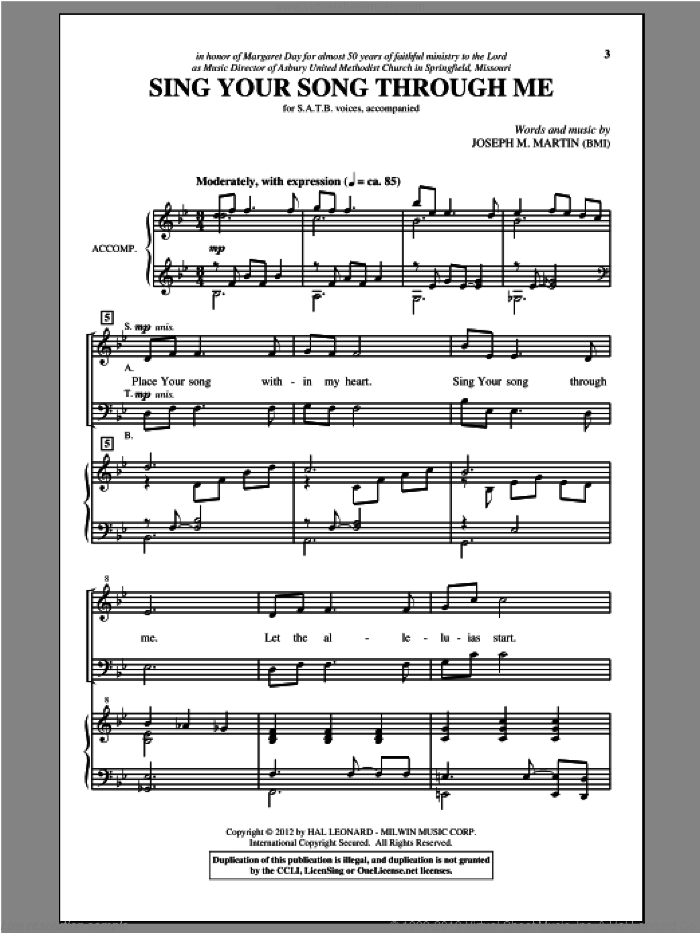 Sing Your Song Through Me sheet music for choir (SATB: soprano, alto, tenor, bass) by Joseph M. Martin, intermediate skill level