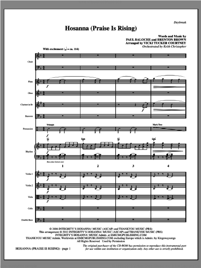 Hosanna (Praise Is Rising) (complete set of parts) sheet music for orchestra/band (Woodwinds/Percussion/Strings) by Paul Baloche, Brenton Brown and Vicki Tucker Courtney, intermediate skill level