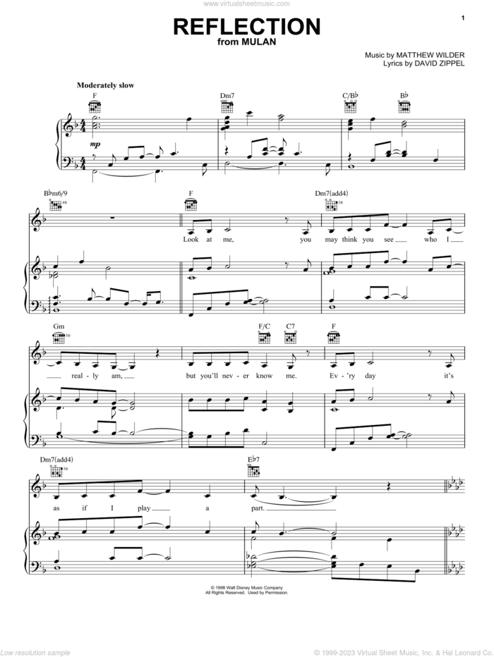 Reflection (Pop Version) (from Mulan) sheet music for voice, piano or guitar by Christina Aguilera, Mulan (Movie), David Zippel and Matthew Wilder, intermediate skill level