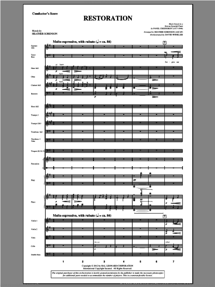 Restoration (complete set of parts) sheet music for orchestra/band (Orchestra) by Heather Sorenson and Pavel Chesnokov, intermediate skill level
