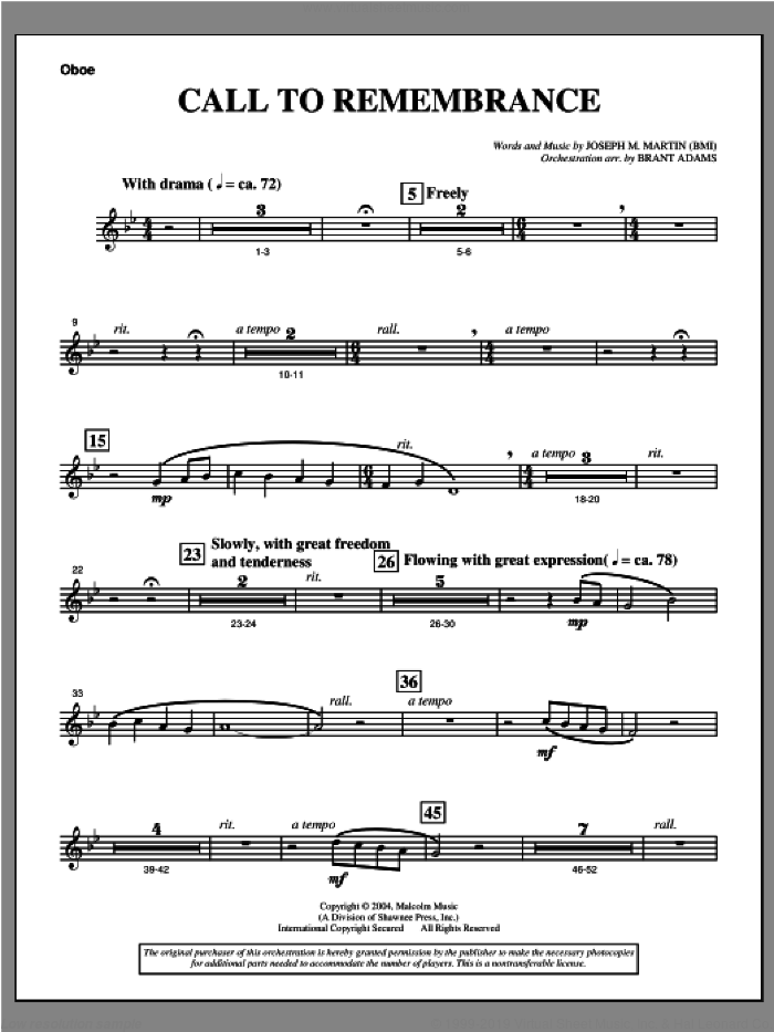 Call To Remembrance (from 'Harvest Of Sorrows') sheet music for orchestra/band (oboe) by Joseph M. Martin, intermediate skill level