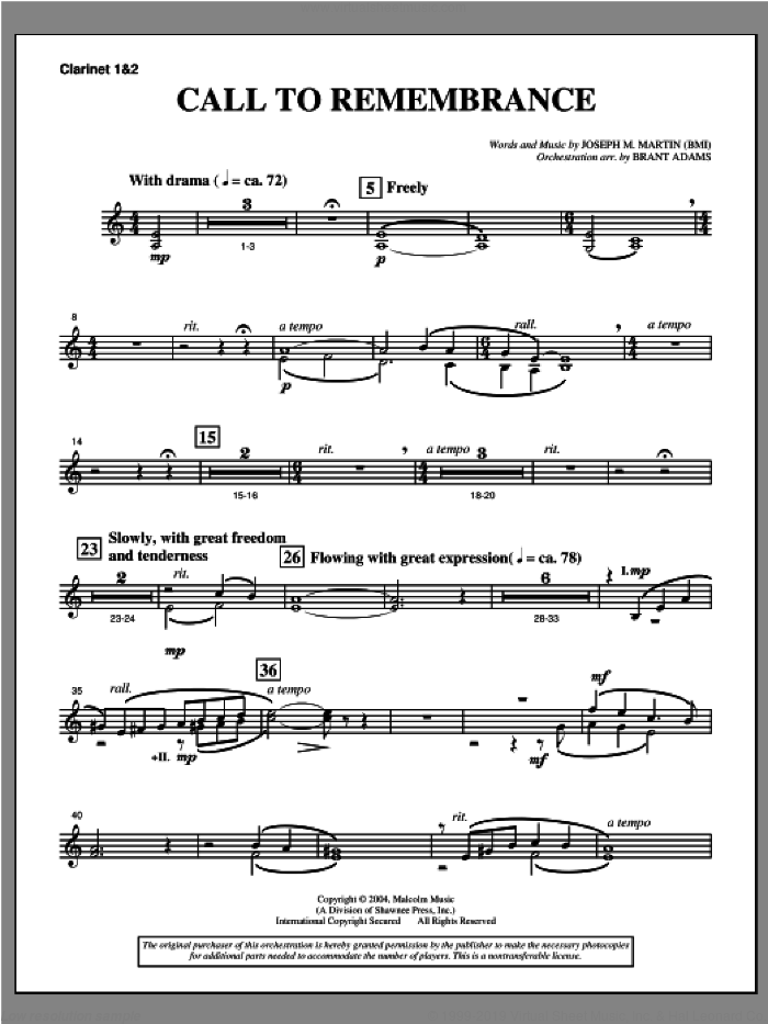 Call To Remembrance (from 'Harvest Of Sorrows') sheet music for orchestra/band (Bb clarinet 1,2) by Joseph M. Martin, intermediate skill level