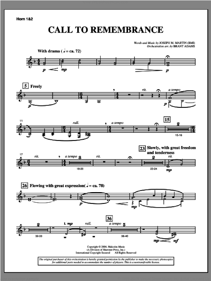 Call To Remembrance (from 'Harvest Of Sorrows') sheet music for orchestra/band (f horn 1,2) by Joseph M. Martin, intermediate skill level