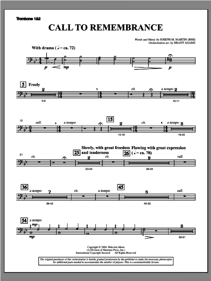Call To Remembrance (from 'Harvest Of Sorrows') sheet music for orchestra/band (trombone 1 and 2) by Joseph M. Martin, intermediate skill level