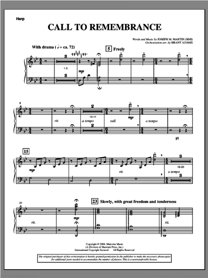Call To Remembrance (from 'Harvest Of Sorrows') sheet music for orchestra/band (harp) by Joseph M. Martin, intermediate skill level