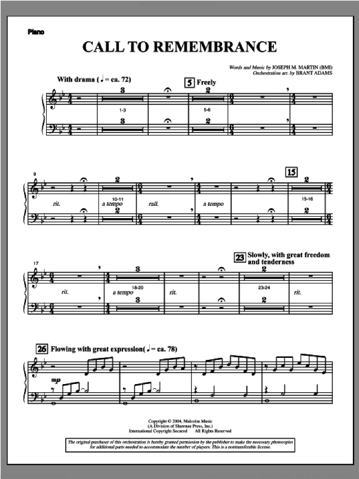 Call To Remembrance (from 'Harvest Of Sorrows') sheet music for orchestra/band (piano) by Joseph M. Martin, intermediate skill level