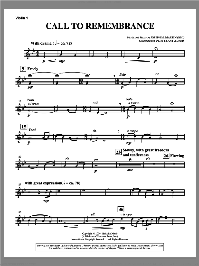 Call To Remembrance (from 'Harvest Of Sorrows') sheet music for orchestra/band (violin 1) by Joseph M. Martin, intermediate skill level