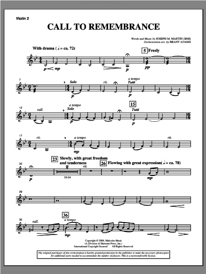 Call To Remembrance (from 'Harvest Of Sorrows') sheet music for orchestra/band (violin 2) by Joseph M. Martin, intermediate skill level