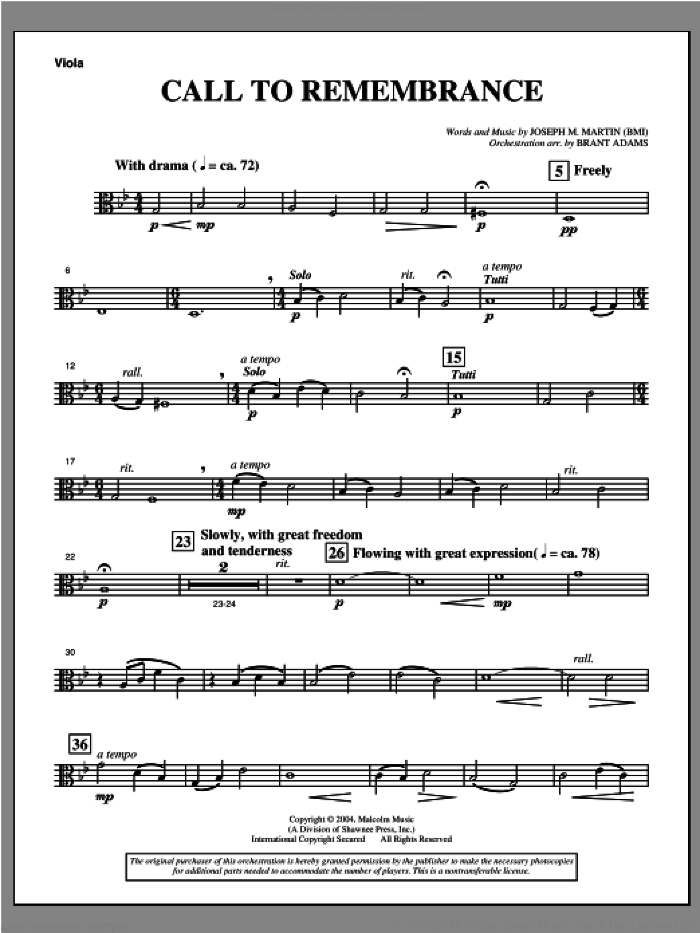 Call To Remembrance (from 'Harvest Of Sorrows') sheet music for orchestra/band (viola) by Joseph M. Martin, intermediate skill level