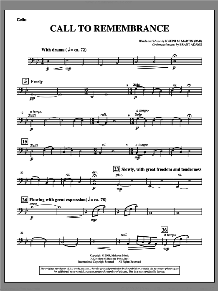 Call To Remembrance (from 'Harvest Of Sorrows') sheet music for orchestra/band (cello) by Joseph M. Martin, intermediate skill level