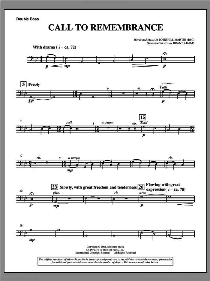 Call To Remembrance (from 'Harvest Of Sorrows') sheet music for orchestra/band (double bass) by Joseph M. Martin, intermediate skill level