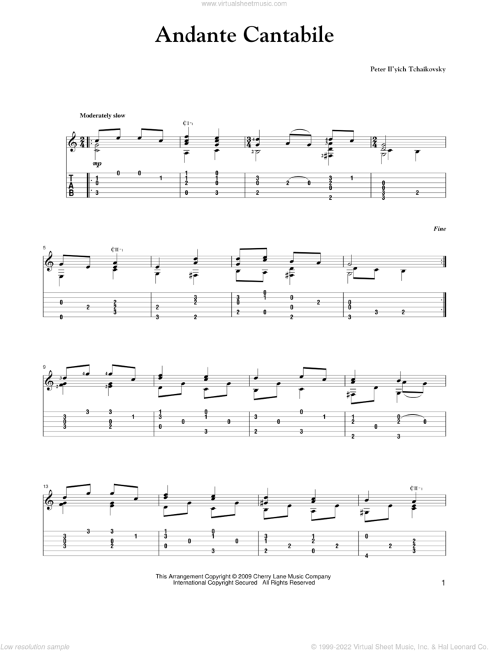 Andante Cantabile sheet music for guitar solo by Pyotr Ilyich Tchaikovsky and Mark Phillips, classical score, intermediate skill level