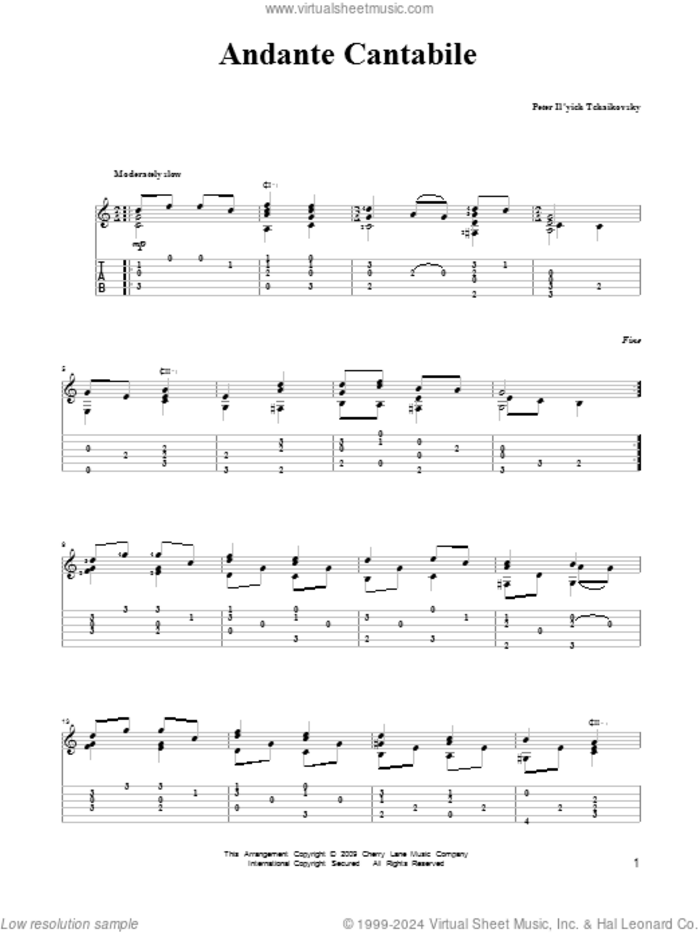 Andante Cantabile sheet music for guitar solo by Pyotr Ilyich Tchaikovsky and Mark Phillips, classical score, intermediate skill level