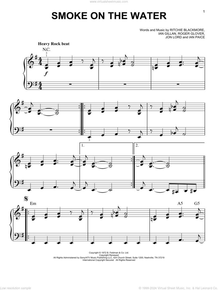 Smoke On The Water, (easy) sheet music for piano solo by Deep Purple, easy skill level