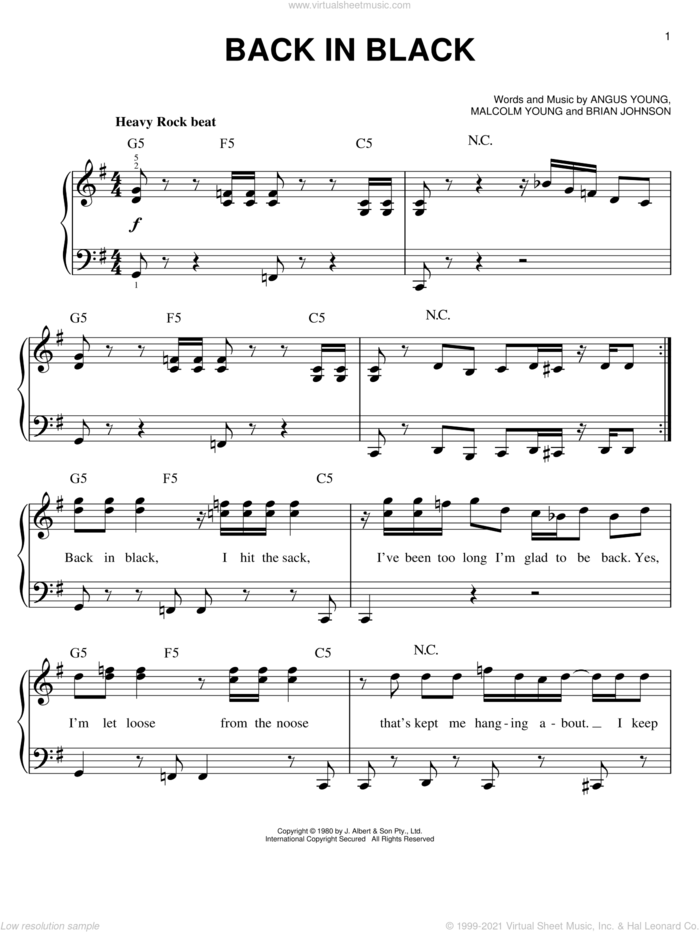 Back In Black, (easy) sheet music for piano solo by AC/DC, easy skill level