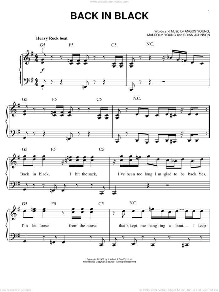 Back In Black, (easy) sheet music for piano solo by AC/DC, easy skill level