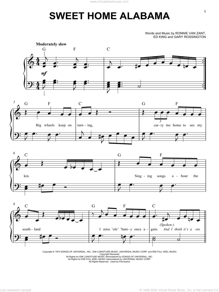 Sweet Home Alabama, (beginner) sheet music for piano solo by Lynyrd Skynyrd, beginner skill level
