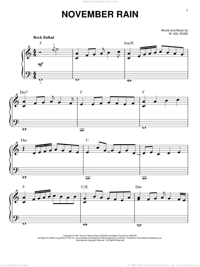 November Rain, (beginner) sheet music for piano solo by Guns N' Roses, beginner skill level
