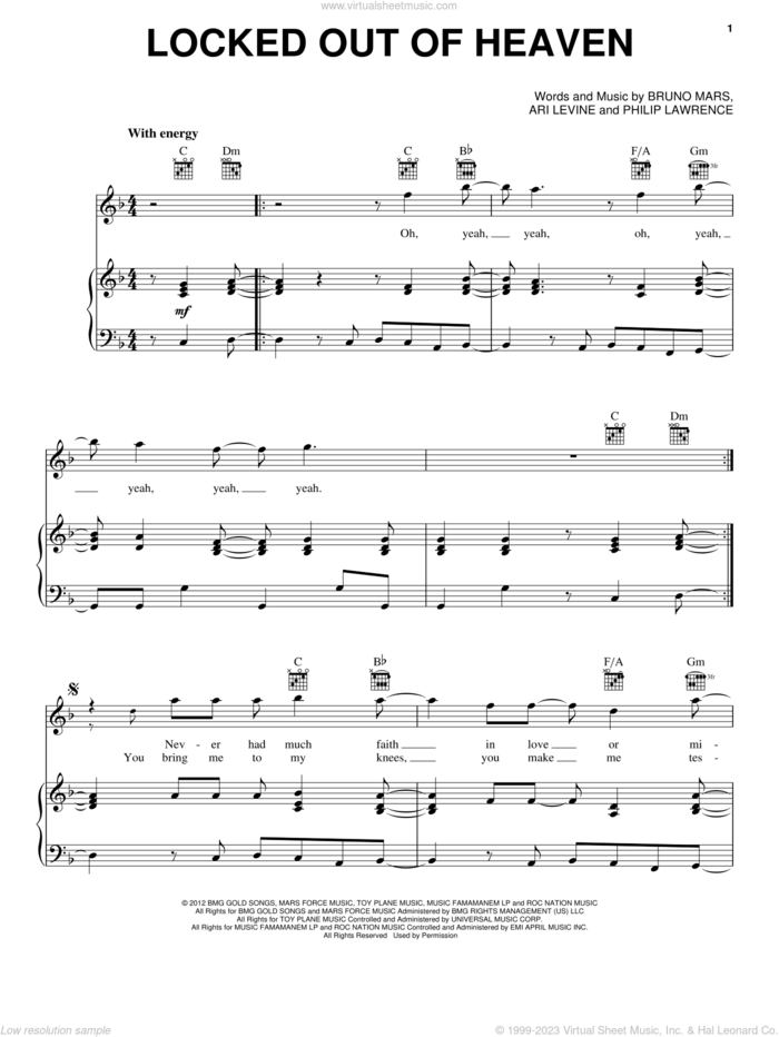 Locked Out Of Heaven sheet music for voice, piano or guitar by Bruno Mars, Ari Levine and Philip Lawrence, intermediate skill level