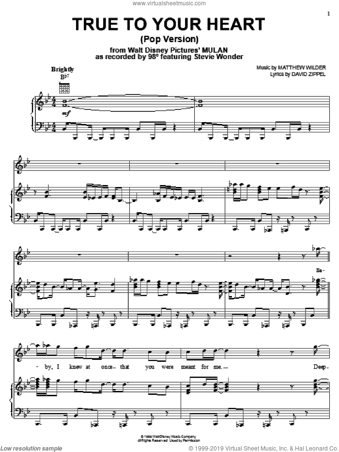 True To Your Heart (from Mulan) sheet music for voice, piano or guitar by 98 Degrees & Stevie Wonder, 98 Degrees, 98 Degrees featuring Stevie Wonder, Mulan (Movie), Stevie Wonder, David Zippel and Matthew Wilder, intermediate skill level