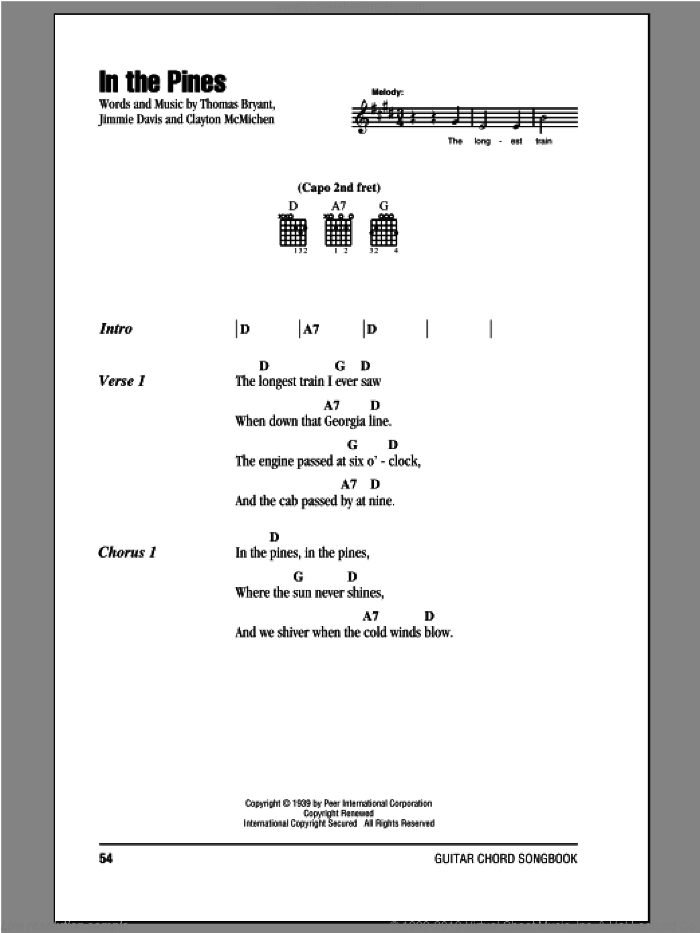 In The Pines sheet music for guitar (chords) by Clayton McMichen, Jimmie Davis and Thomas Bryant, intermediate skill level