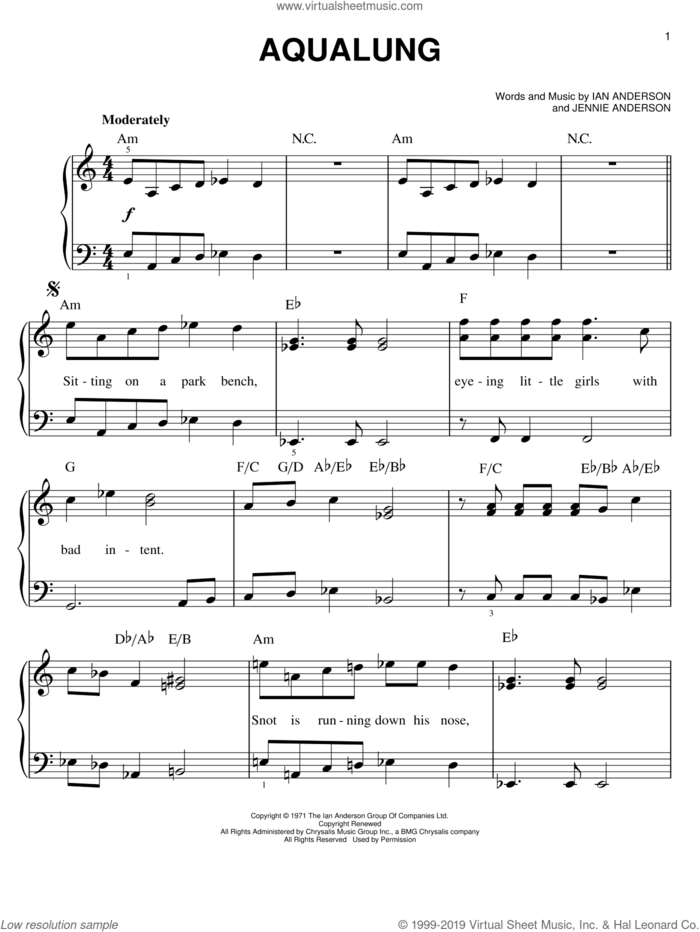 Aqualung, (easy) sheet music for piano solo by Jethro Tull, Ian Anderson and Jennie Anderson, easy skill level