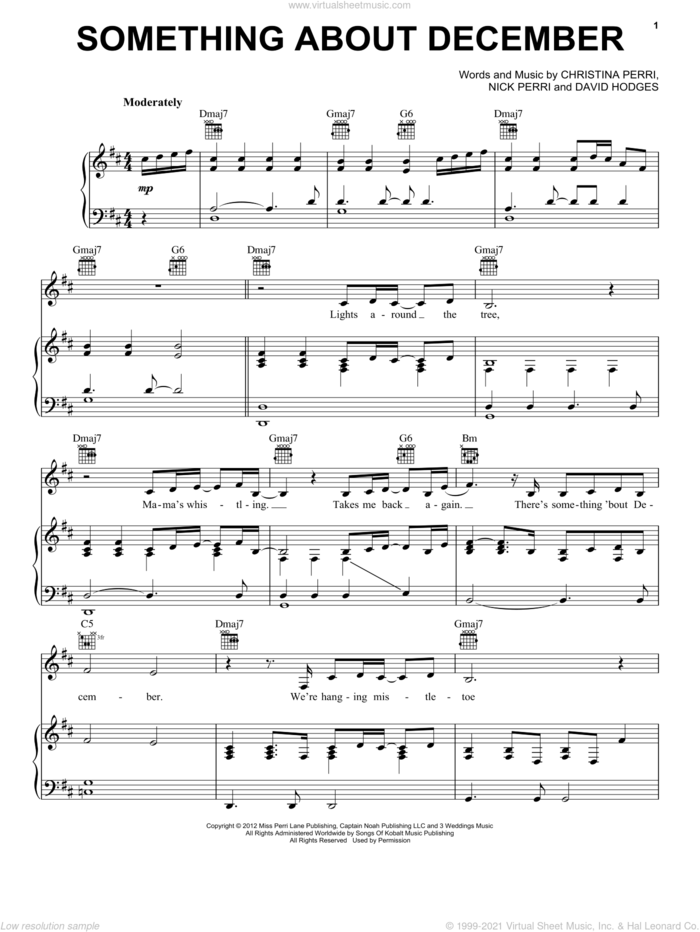 Something About December sheet music for voice, piano or guitar by Christina Perri, David Hodges and Nick Perri, intermediate skill level