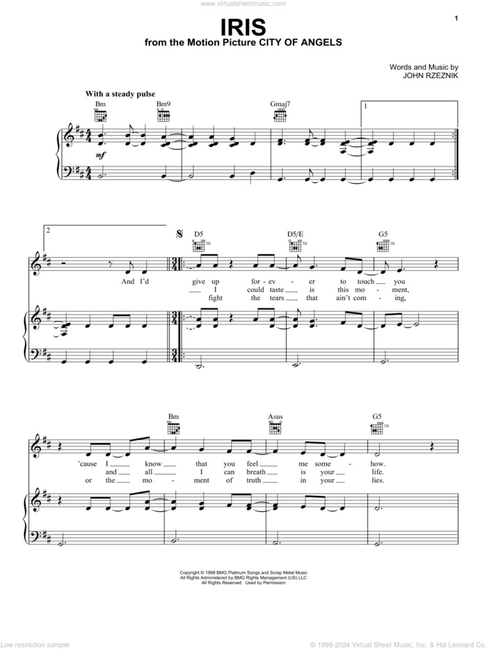 Iris sheet music for voice, piano or guitar by Goo Goo Dolls and John Rzeznik, intermediate skill level