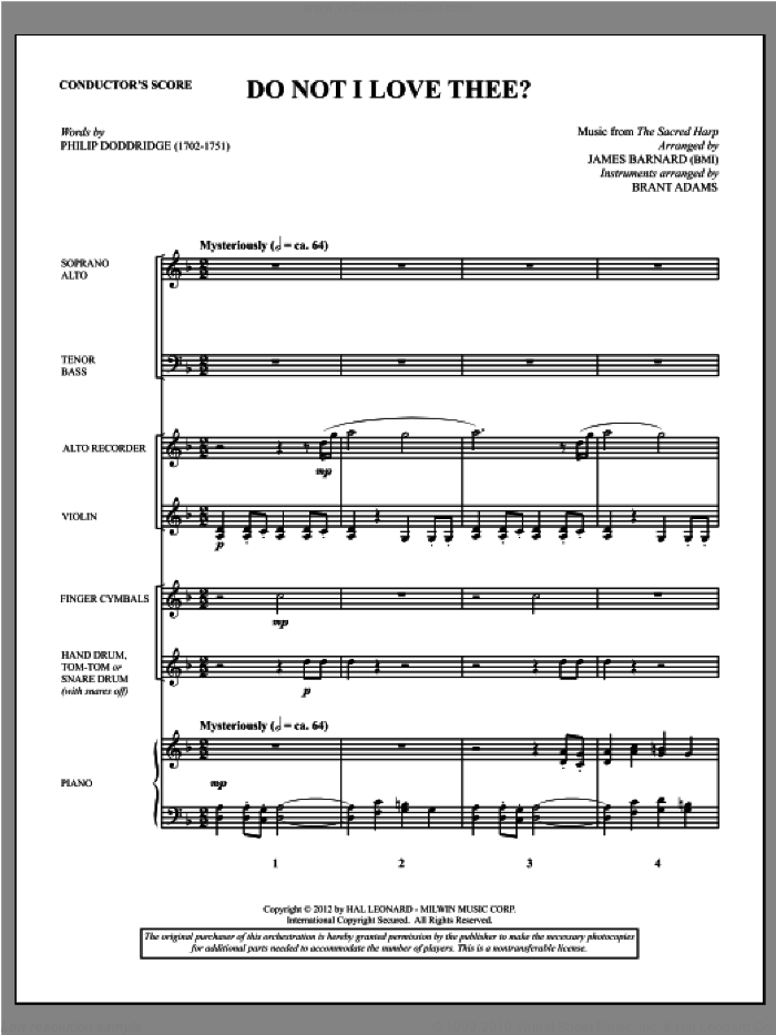 Do Not I Love Thee? (complete set of parts) sheet music for orchestra/band by James Barnard, Philip Doddridge and The Sacred Harp, intermediate skill level