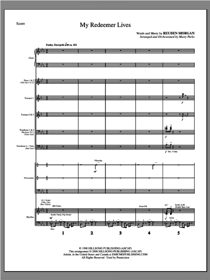 My Redeemer Lives (complete set of parts) sheet music for orchestra/band (Brass/Rhythm) by Reuben Morgan and Marty Parks, intermediate skill level