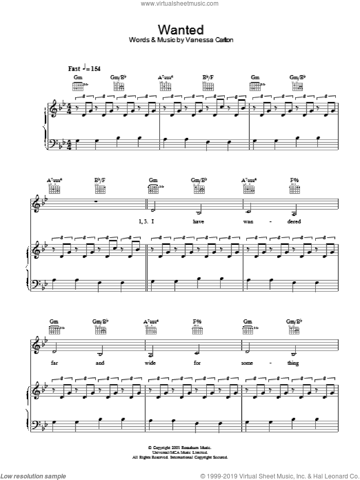 Wanted sheet music for voice, piano or guitar by Vanessa Carlton, intermediate skill level